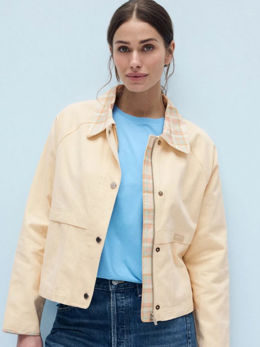 Hunter Cream Utility Jacket with Plaid Trim